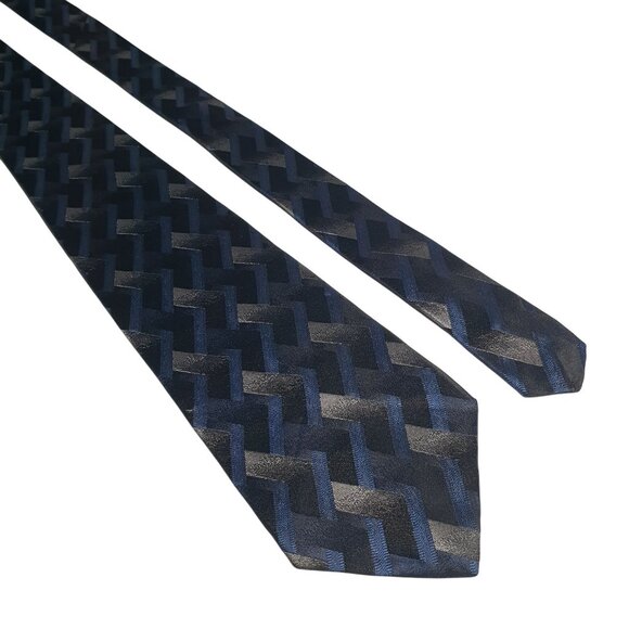 Arrow Chevron Pattern Silk Neck Tie Navy Blue Black Silver Office Dad Gift Retro - Picture 1 of 5